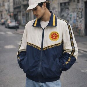 Vintage NDMC Military Academy Windbreaker Track Jacket Navy Cream Gold M